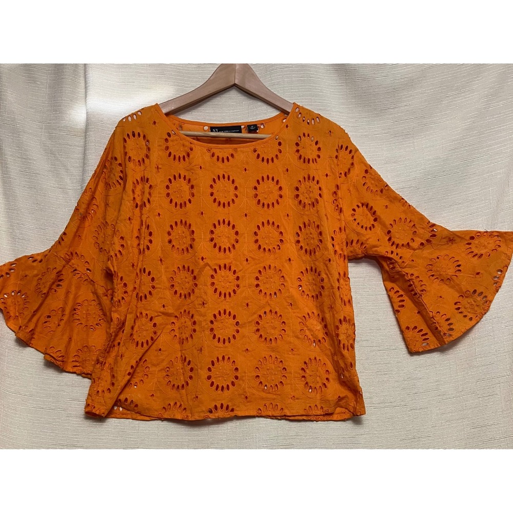 New York & Company Blouse Women M Orange Excellent Eyelet Bell Sleeve Top